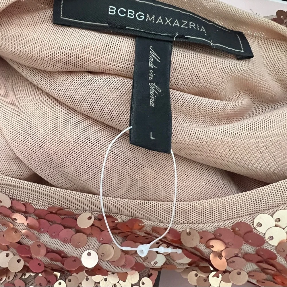 NEW BCBGMAXARIA FITTED SEQUIN DRESS LARGE ROSE GOLD STRETCH cocktail PARTY - Picture 10 of 12